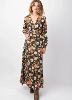 Outlet Coton Du Monde Robe longue fendue en viscose soyeux hiver CALISSA motif floral kaki Arty