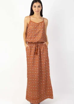 Cheap Coton Du Monde Robe longue fendue fines bretelles ALBA imprimé ethnique camel 29 Camel