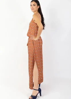 Cheap Coton Du Monde Robe longue fendue fines bretelles ALBA imprimé ethnique camel 29 Camel