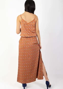 Cheap Coton Du Monde Robe longue fendue fines bretelles ALBA imprimé ethnique camel 29 Camel