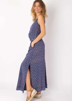Hot Coton Du Monde Robe longue fendue fines bretelles ALBA motif ethnique bleu 22 Marine