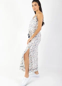 Cheap Coton Du Monde Robe longue fendue fines bretelles ALBA imprimé blanc Paisley