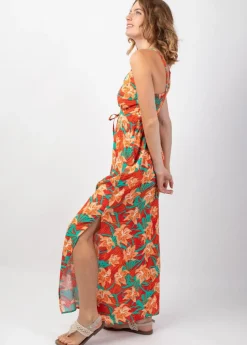 Shop Coton Du Monde Robe longue fendue GLORIA fines bretelles motif fleuri tropical Summer