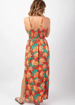 Shop Coton Du Monde Robe longue fendue GLORIA fines bretelles motif fleuri tropical Summer