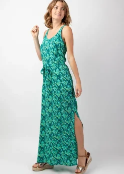 Sale Coton Du Monde Robe longue fendue LAETITIA imprimé tropical vert Gaia