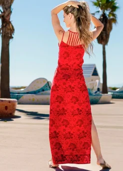 Shop Coton Du Monde Robe longue fendue LAETITIA imprimé fleuri lumineux Rumba