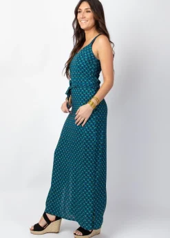 Outlet Coton Du Monde Robe longue fendue MARISSA motif ethnique bleu Albizia Bleu