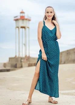 Outlet Coton Du Monde Robe longue fendue MARISSA motif ethnique bleu Albizia Bleu