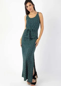 Store Coton Du Monde Robe longue fines bretelles LAETITIA imprimé ethnique vert Envolee Bleu