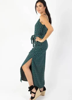 Store Coton Du Monde Robe longue fines bretelles LAETITIA imprimé ethnique vert Envolee Bleu