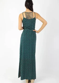 Store Coton Du Monde Robe longue fines bretelles LAETITIA imprimé ethnique vert Envolee Bleu