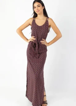 Shop Coton Du Monde Robe longue fines bretelles LAETITIA imprimé ethnique prune Envolee Prune