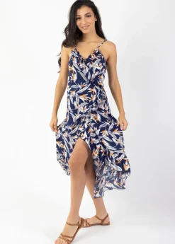 Hot Coton Du Monde Robe longue fines bretelles SACHA imprimé fleurs de paradis 14 Marine