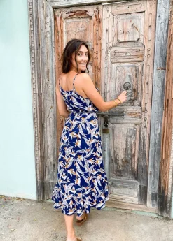 Hot Coton Du Monde Robe longue fines bretelles SACHA imprimé fleurs de paradis 14 Marine