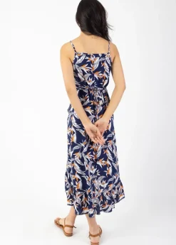 Hot Coton Du Monde Robe longue fines bretelles SACHA imprimé fleurs de paradis 14 Marine