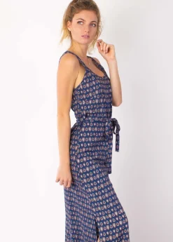 Discount Coton Du Monde Robe longue fines bretelles LAETITIA imprimé ethnique marine 29 Marine