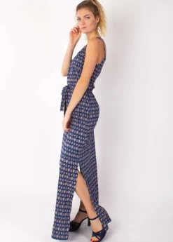 Discount Coton Du Monde Robe longue fines bretelles LAETITIA imprimé ethnique marine 29 Marine