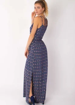 Discount Coton Du Monde Robe longue fines bretelles LAETITIA imprimé ethnique marine 29 Marine