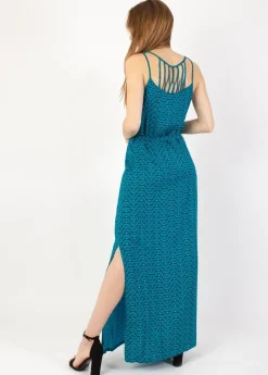 Flash Sale Coton Du Monde Robe longue fines bretelles LAETITIA imprimé ethnique turquoise 30 Bleu