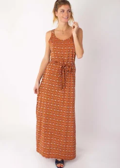 Best Coton Du Monde Robe longue fines bretelles LAETITIA imprimé ethnique camel 29 Camel