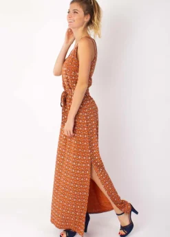 Best Coton Du Monde Robe longue fines bretelles LAETITIA imprimé ethnique camel 29 Camel