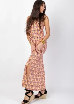 Shop Coton Du Monde Robe longue fleurie SAVANA larges bretelles avec ceinture Camélia