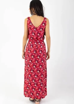 New Coton Du Monde Robe longue fleurie SAVANA rouge ceinturée à larges bretelles Spring Flowers