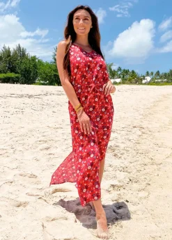 New Coton Du Monde Robe longue fleurie SAVANA rouge ceinturée à larges bretelles Spring Flowers