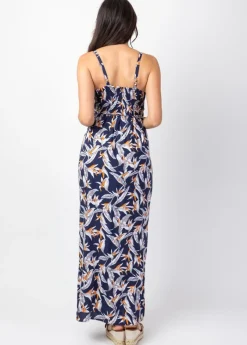 Online Coton Du Monde Robe longue fluide GLORIA fines bretelles imprimé fleurs de paradis 14 Marine