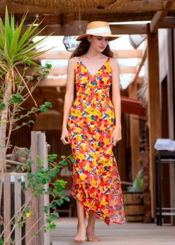 Store Coton Du Monde Robe longue fluide GLORIA fines bretelles imprimé fleuri Flowers Power