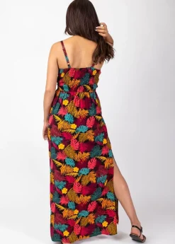 Outlet Coton Du Monde Robe longue fluide GLORIA fines bretelles imprimé tropical Palme Orange