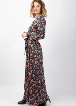 New Coton Du Monde Robe longue hiver en twill de viscose GAYA motif fleuri bleu Tylia
