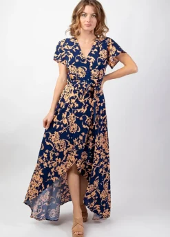 Cheap Coton Du Monde Robe longue manches courtes SAKURA motif impression ethnique Palua Bleu