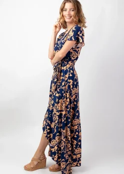 Cheap Coton Du Monde Robe longue manches courtes SAKURA motif impression ethnique Palua Bleu