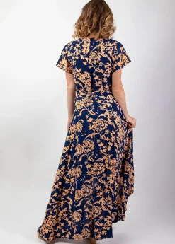 Cheap Coton Du Monde Robe longue manches courtes SAKURA motif impression ethnique Palua Bleu