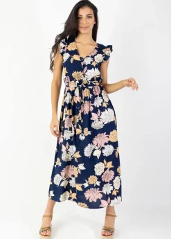 Cheap Coton Du Monde Robe longue manches volantées KAYLA fleurie bleue Blossom