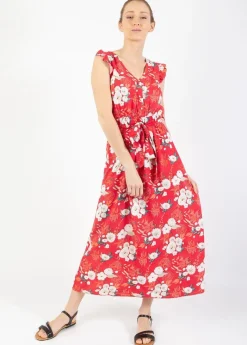 Fashion Coton Du Monde Robe longue manches volantées KAYLA fleurie rouge Bouquet Rouge