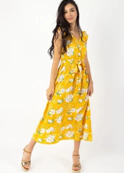 Fashion Coton Du Monde Robe longue manches volantées KAYLA fleurie jaune Bouquet Jaune