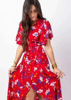 Flash Sale Coton Du Monde Robe longue SAKURA bohème imprimé fleuri rouge Pétale