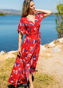 Flash Sale Coton Du Monde Robe longue SAKURA bohème imprimé fleuri rouge Pétale