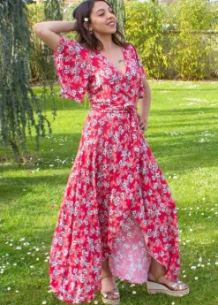 Outlet Coton Du Monde Robe longue SAKURA bohème imprimé fleuri rouge 8 Rouge