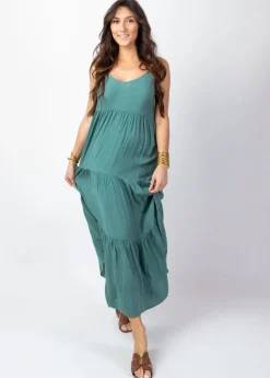 Online Coton Du Monde Robe longue unie fines bretelles torsadées MONICA Vert