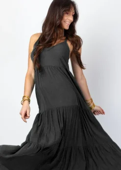 Cheap Coton Du Monde Robe longue unie fines bretelles torsadées MONICA e Noir