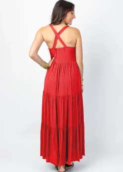 Online Coton Du Monde Robe longue unie fines bretelles torsadées MONICA Rouge