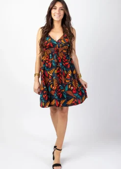 Clearance Coton Du Monde Robe évasée fines bretelles MOREA imprimé exotique Ara