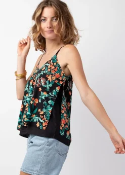 Clearance Coton Du Monde Top femme fines bretelles noir VAHINE motif floral Jaipur