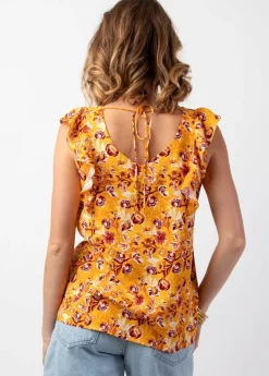 Hot Coton Du Monde Top femme tendance à volants CHLOE motif fleuri coloré jaune Joy