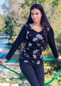 Hot Coton Du Monde Top manches longues en coton KARAN imprimé Ginkgo