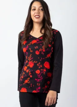 New Coton Du Monde Top manches longues en coton KARAN imprimé roses Red Roses