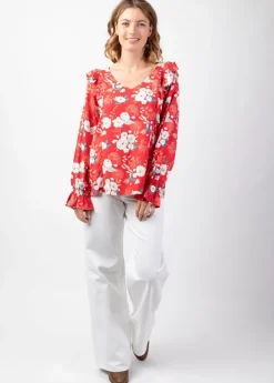 Best Sale Coton Du Monde Top manches longues en viscose CASSIOPEE motif fleuri lumineux rouge Bouquet Rouge